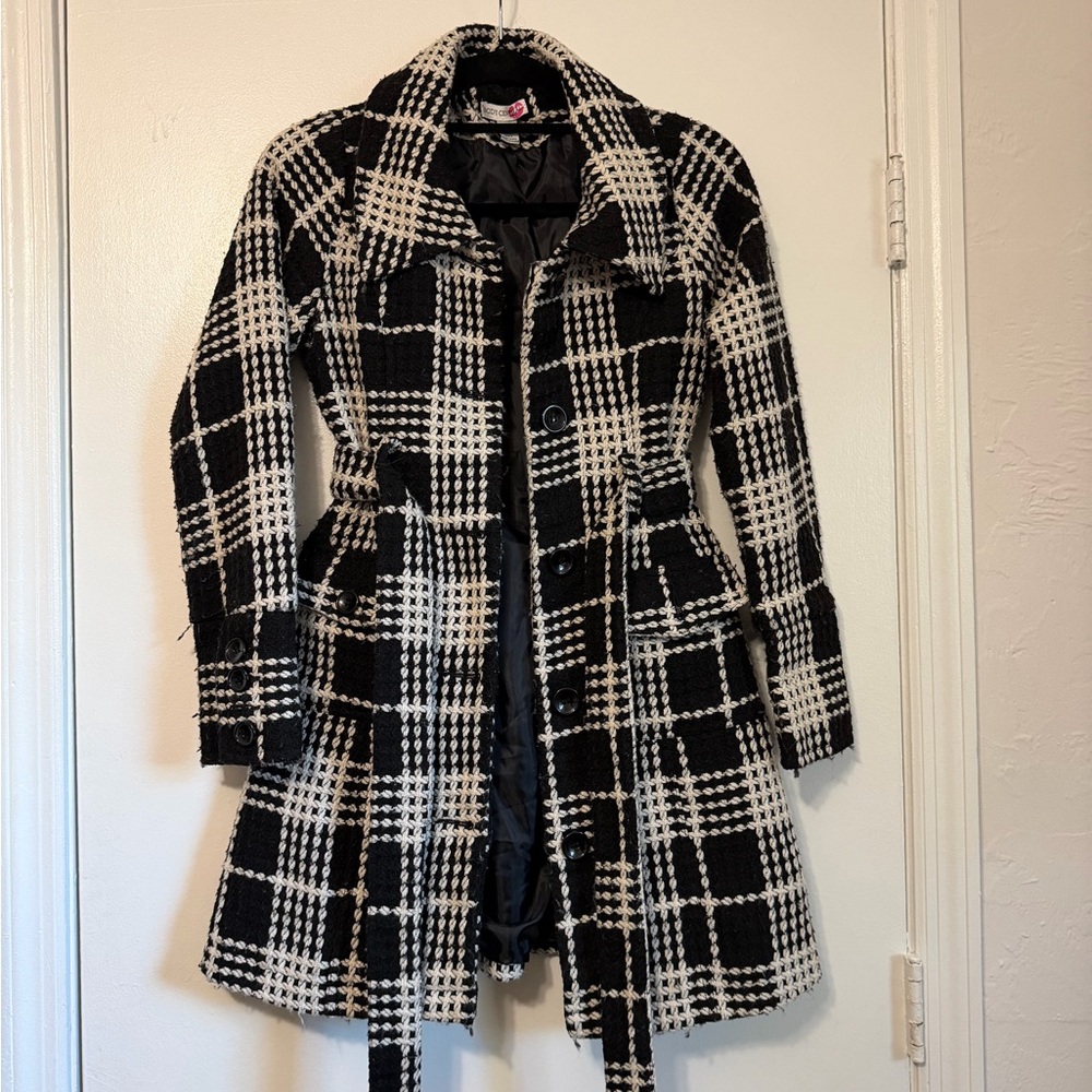 Body Central Black and White Plaid Trench Coat